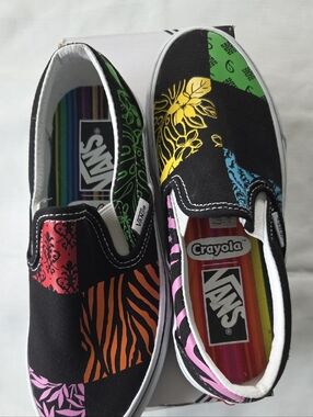 Vans Kids Slip-On Sneakers in Black with Multicolor Patchwork